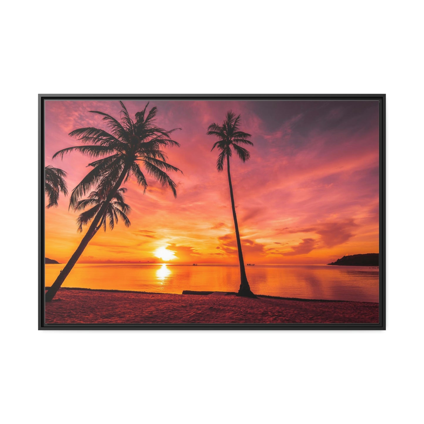 Tropical Serenity: Sunset Time Canvas Wall Art with Coconut Palm-Tree in Black Frame