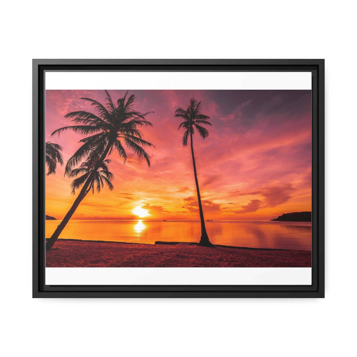 Tropical Serenity: Sunset Time Canvas Wall Art with Coconut Palm-Tree in Black Frame