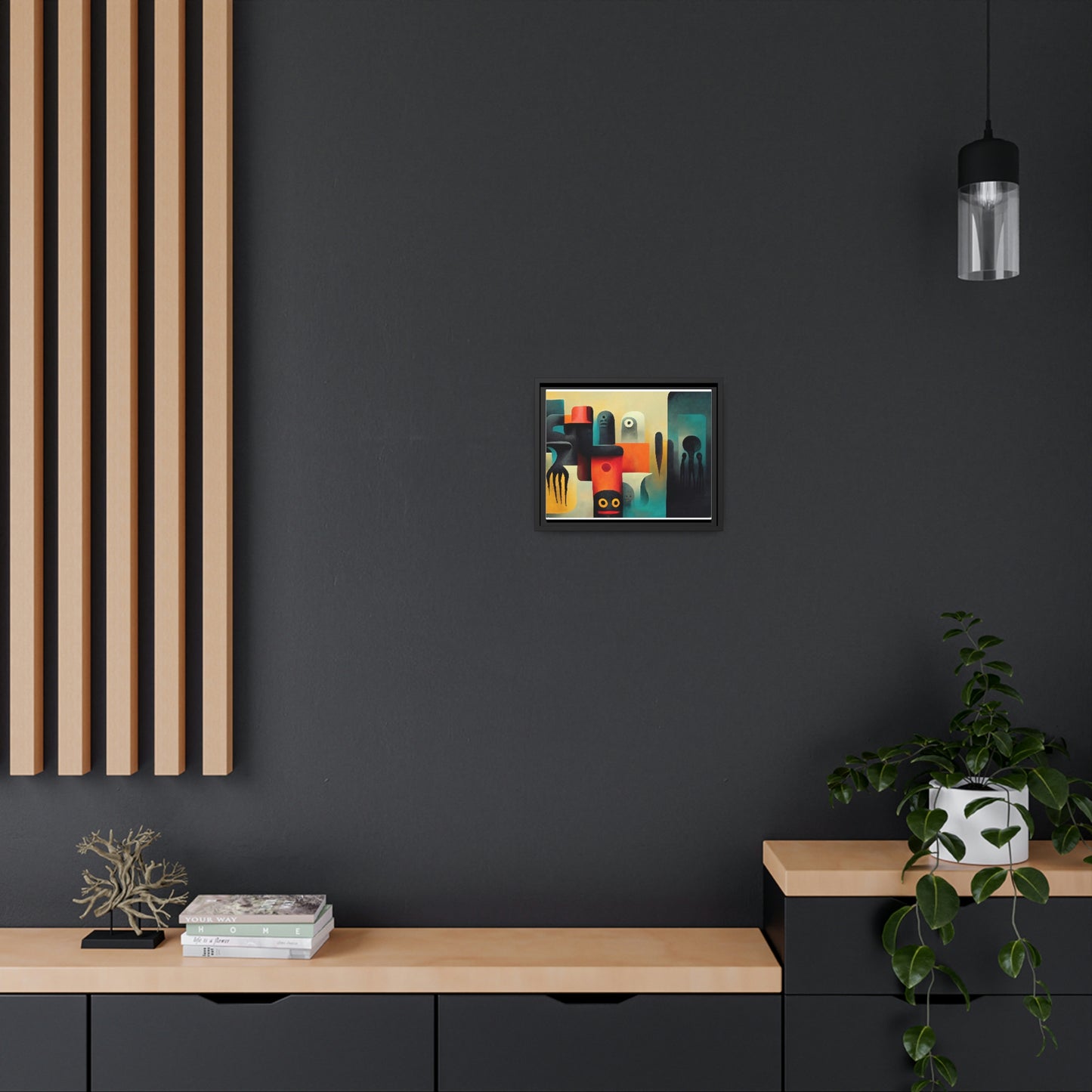 Framed canvas wall art of surreal abstract painting in the style of primitive abstraction ethnic motives of african tribes