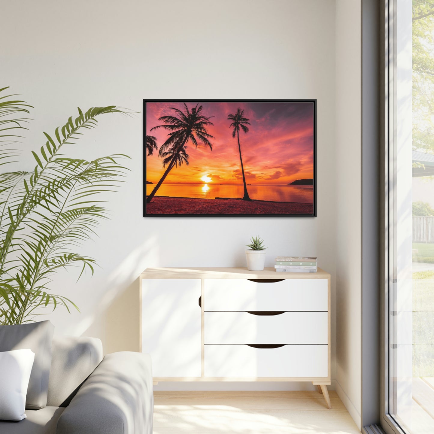 Tropical Serenity: Sunset Time Canvas Wall Art with Coconut Palm-Tree in Black Frame