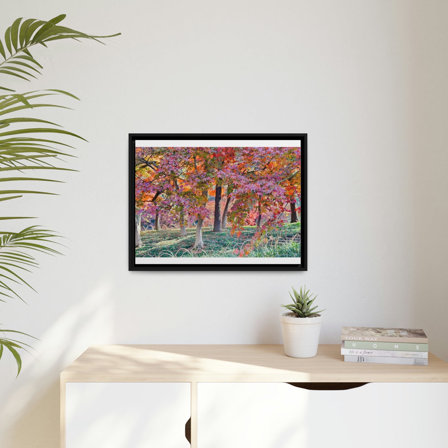 Sun-kissed Foliage" - Vibrant Framed Canvas Wall Art of Colourful Leaves on Trees in Sunlight