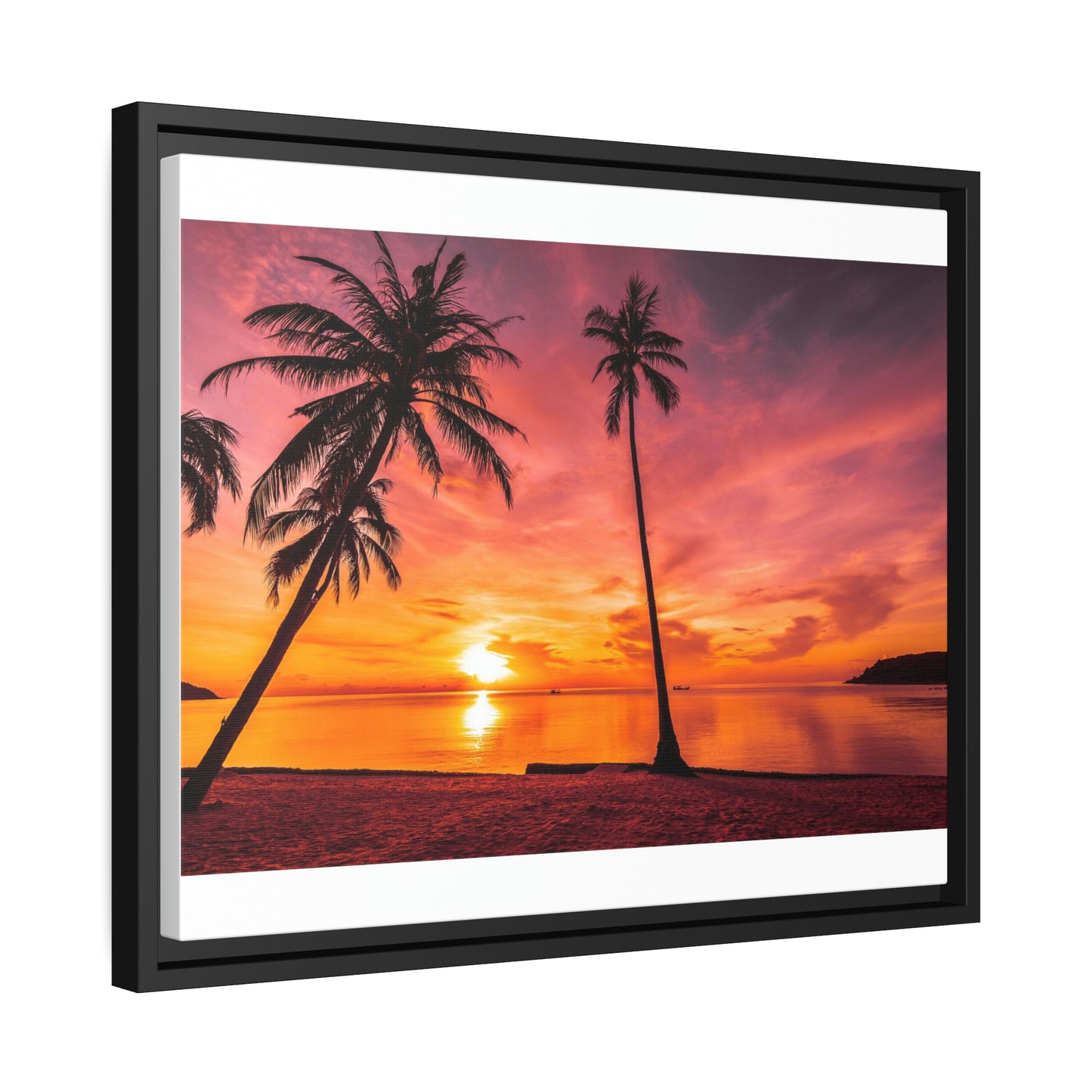 Tropical Serenity: Sunset Time Canvas Wall Art with Coconut Palm-Tree in Black Frame