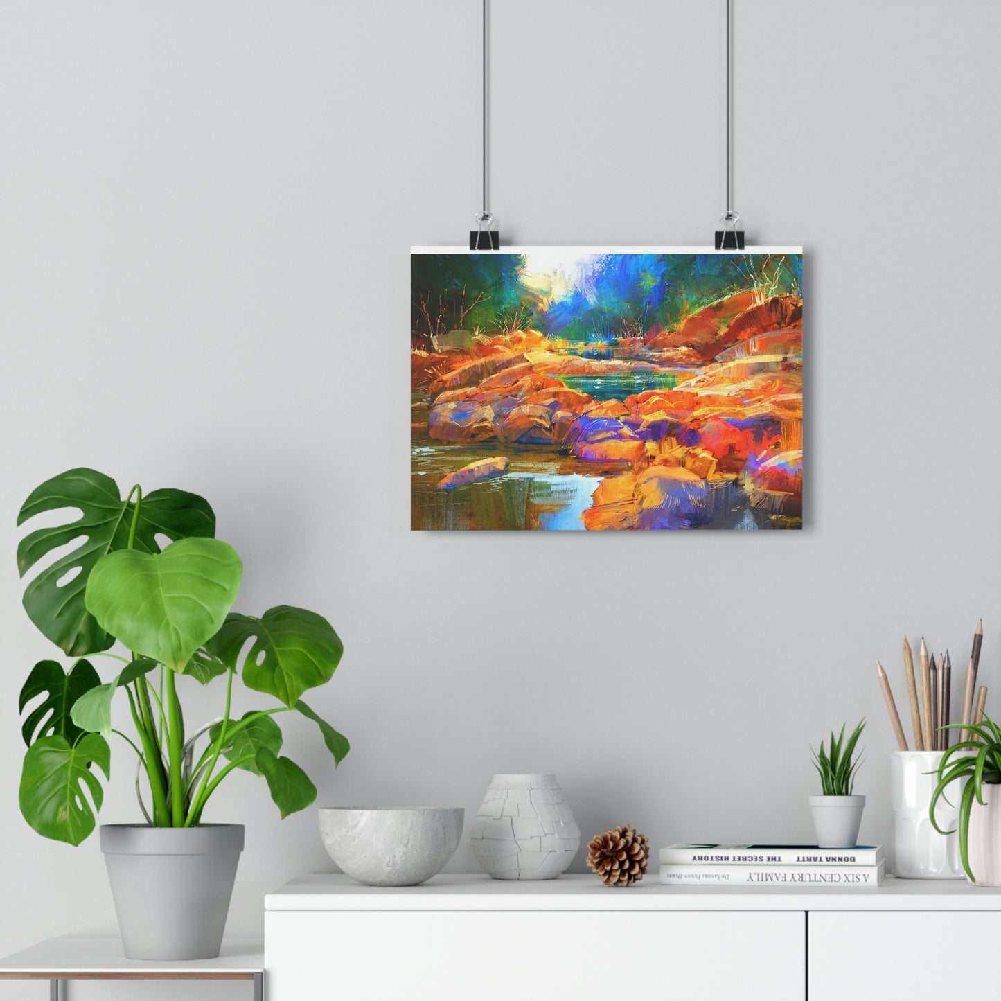 Beautiful fall river lines with colorful stones in autumn forest - Giclée Art Print