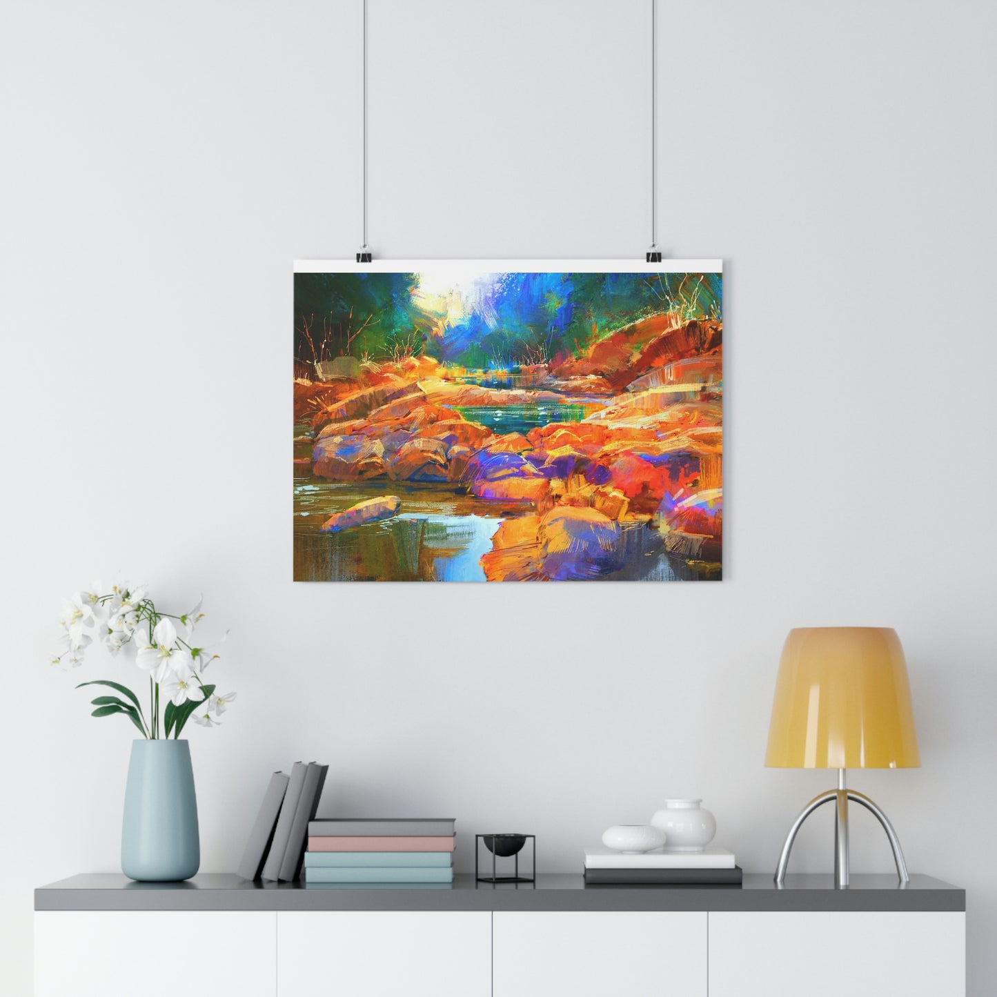 Beautiful fall river lines with colorful stones in autumn forest - Giclée Art Print