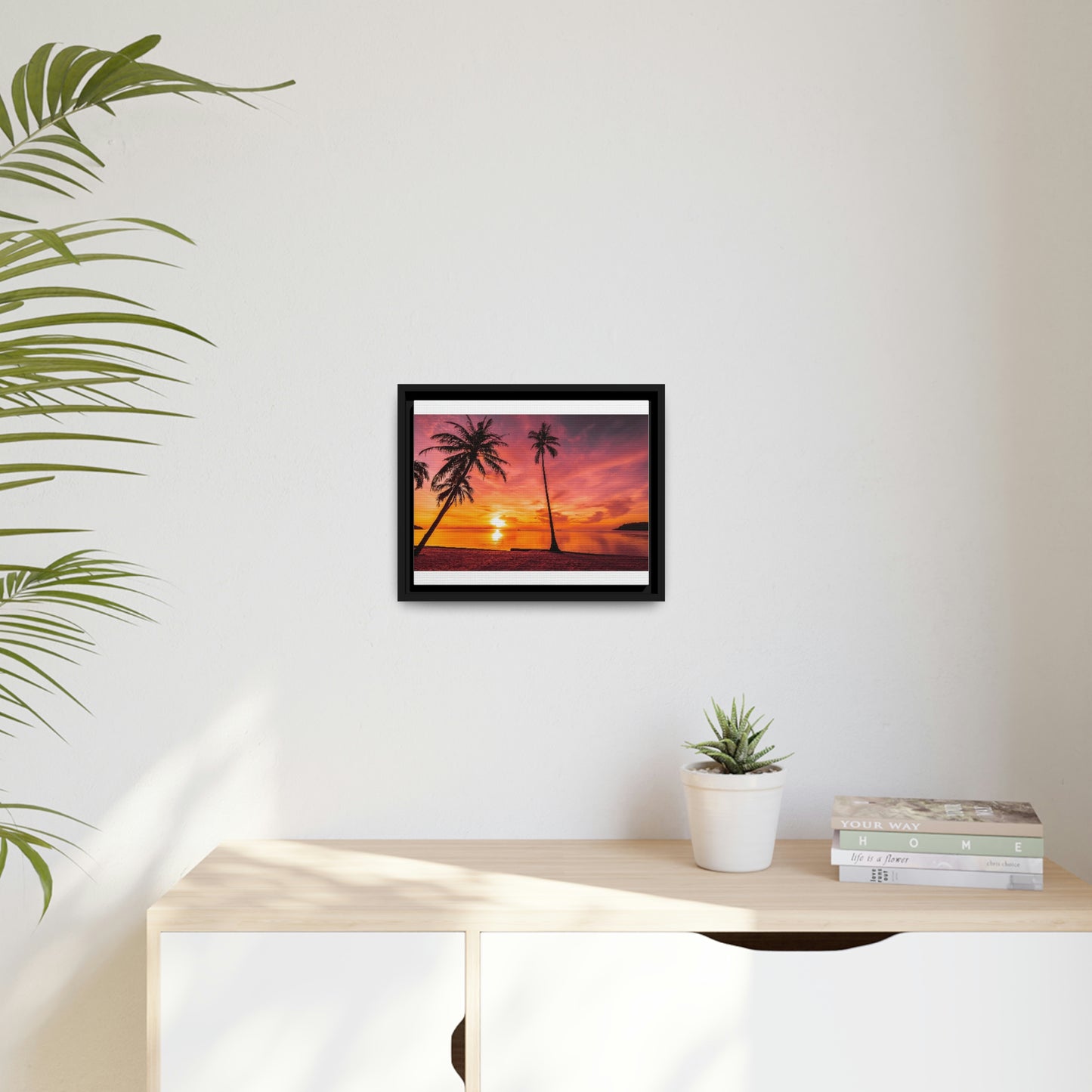 Tropical Serenity: Sunset Time Canvas Wall Art with Coconut Palm-Tree in Black Frame