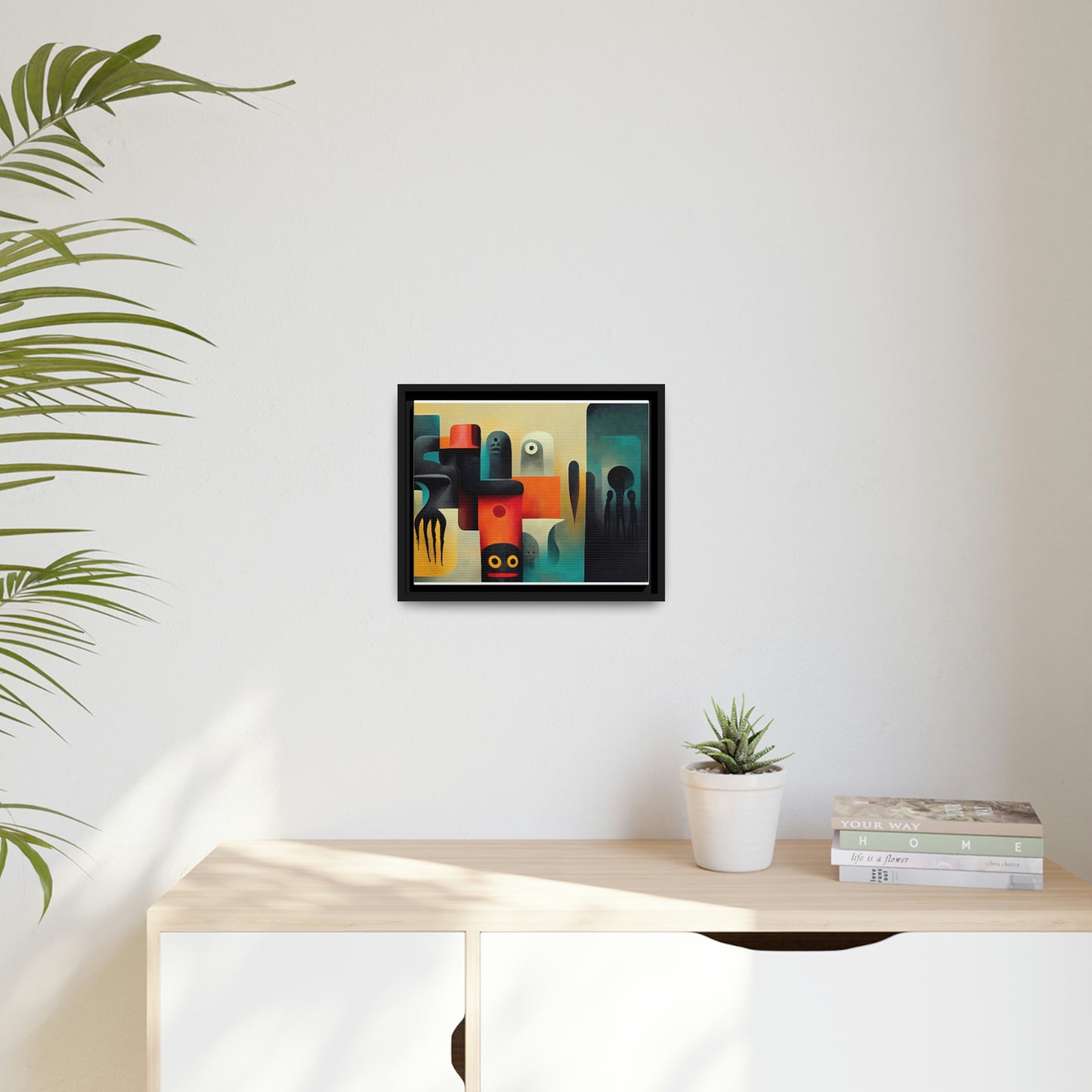 Framed canvas wall art of surreal abstract painting in the style of primitive abstraction ethnic motives of african tribes