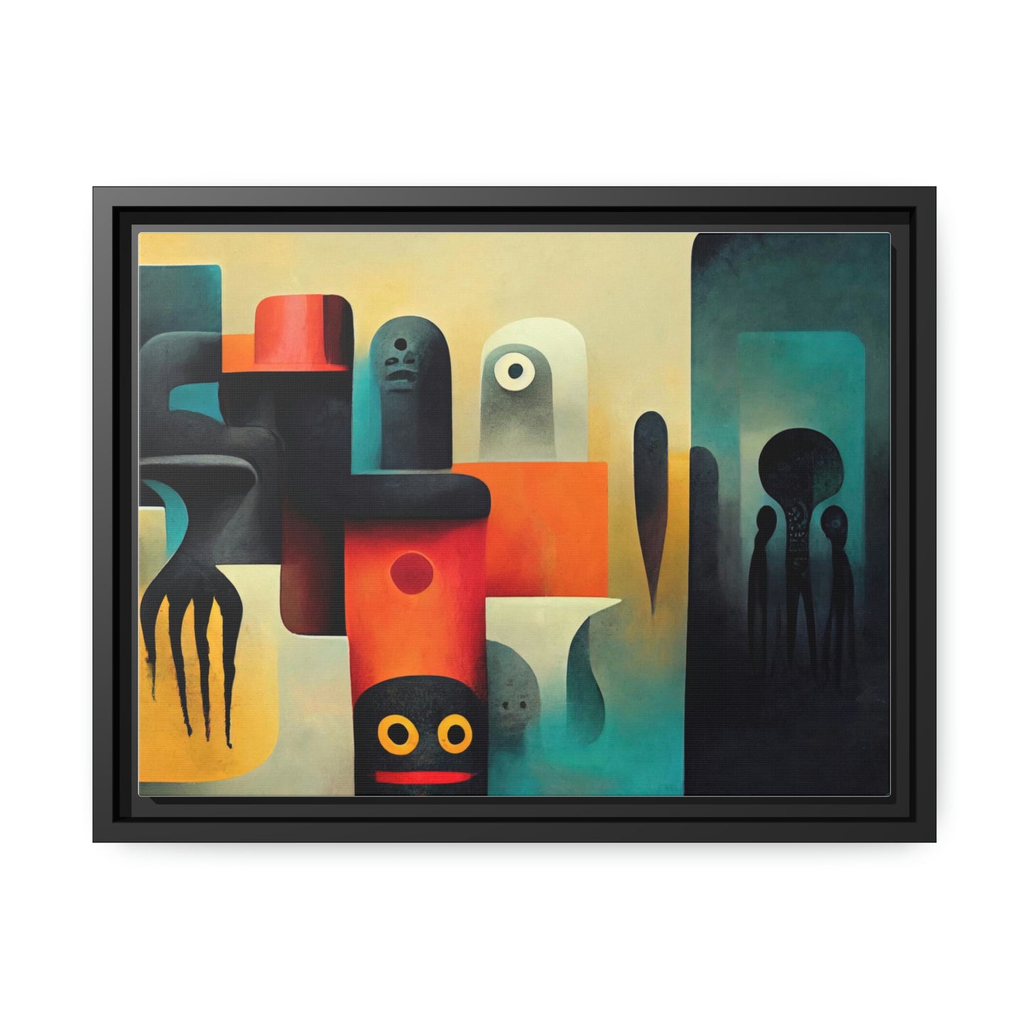 Framed canvas wall art of surreal abstract painting in the style of primitive abstraction ethnic motives of african tribes