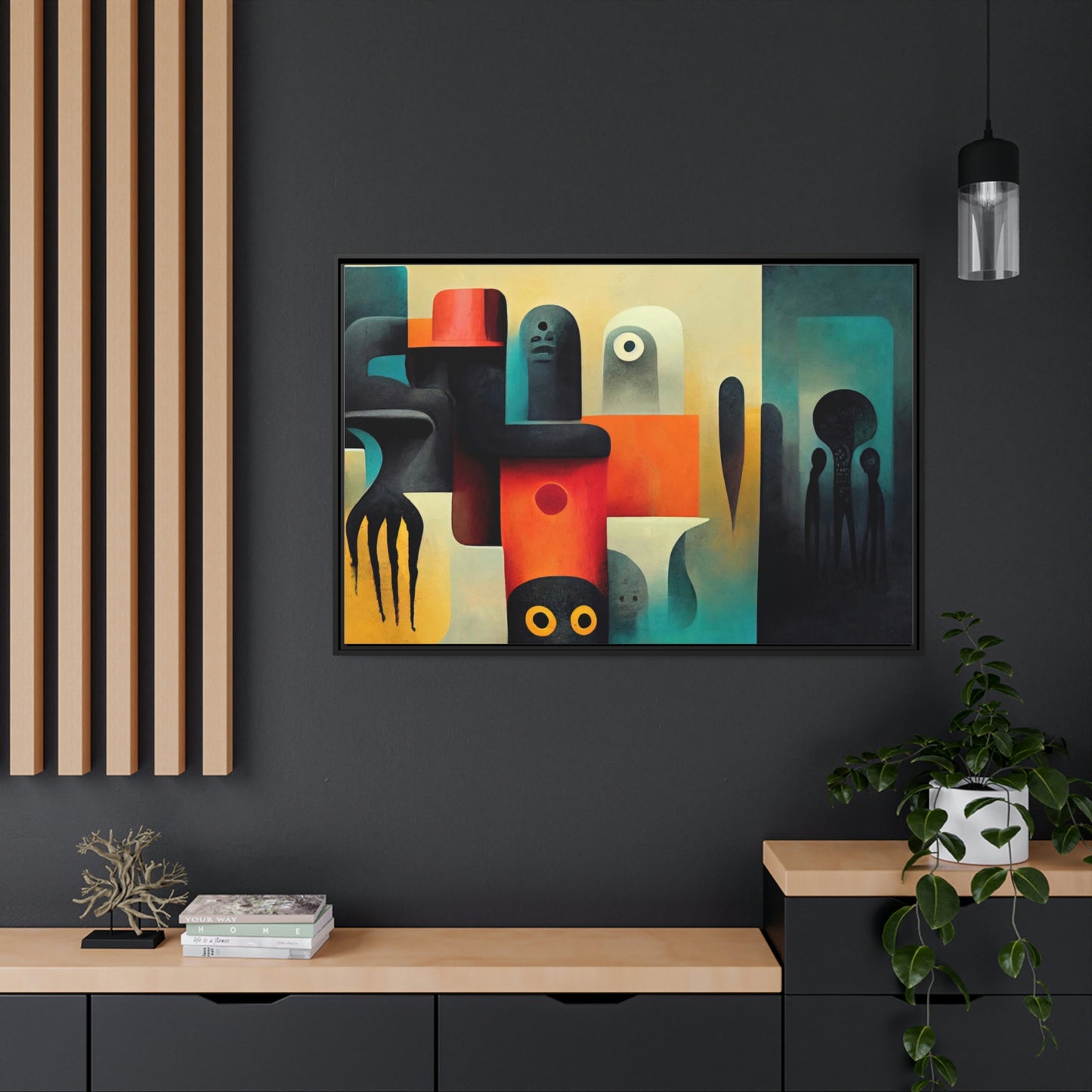 Framed canvas wall art of surreal abstract painting in the style of primitive abstraction ethnic motives of african tribes