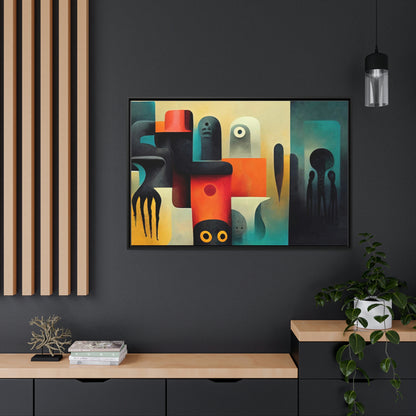 Framed canvas wall art of surreal abstract painting in the style of primitive abstraction ethnic motives of african tribes