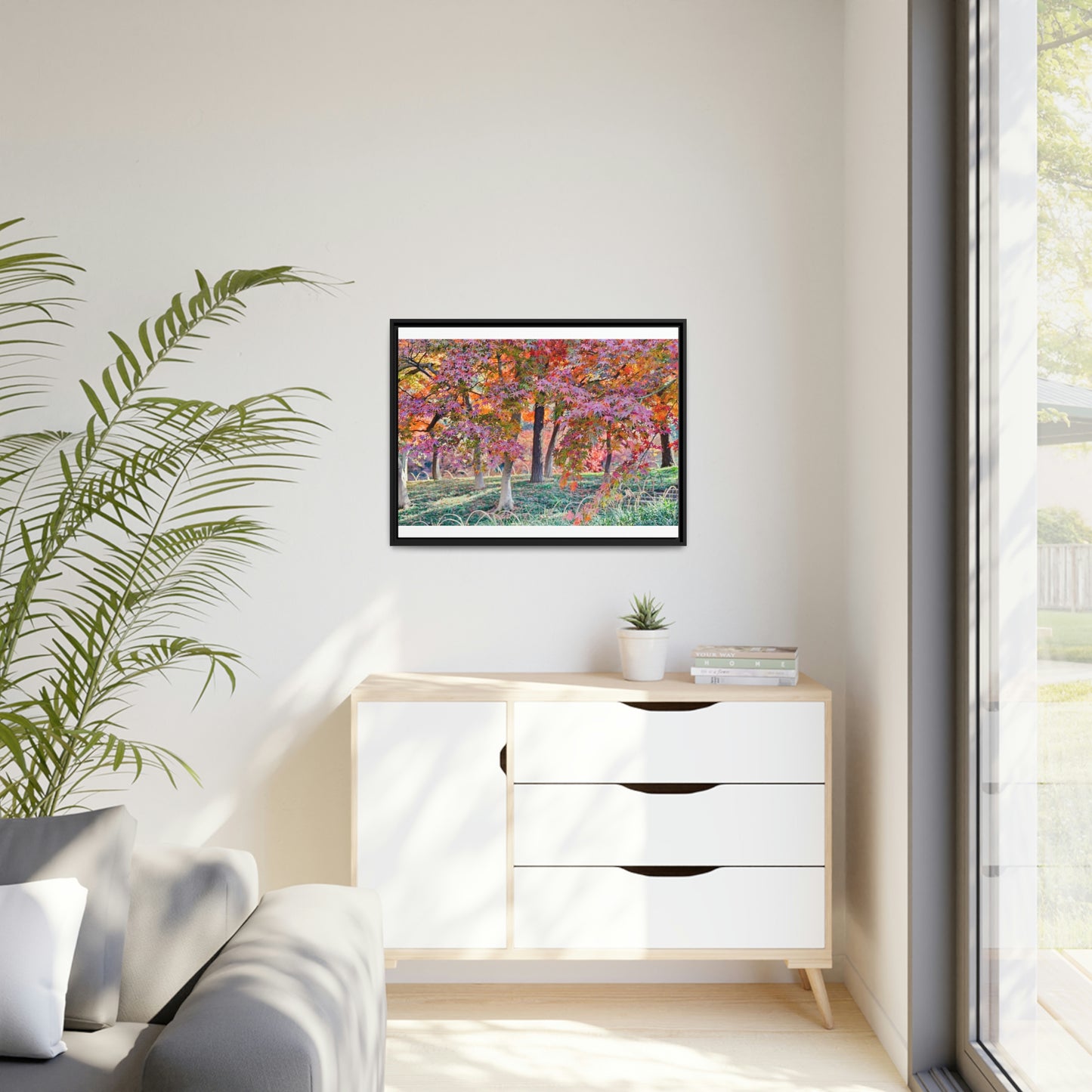 Sun-kissed Foliage" - Vibrant Framed Canvas Wall Art of Colourful Leaves on Trees in Sunlight