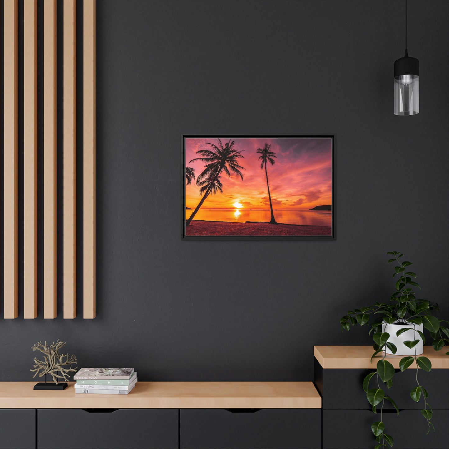 Tropical Serenity: Sunset Time Canvas Wall Art with Coconut Palm-Tree in Black Frame