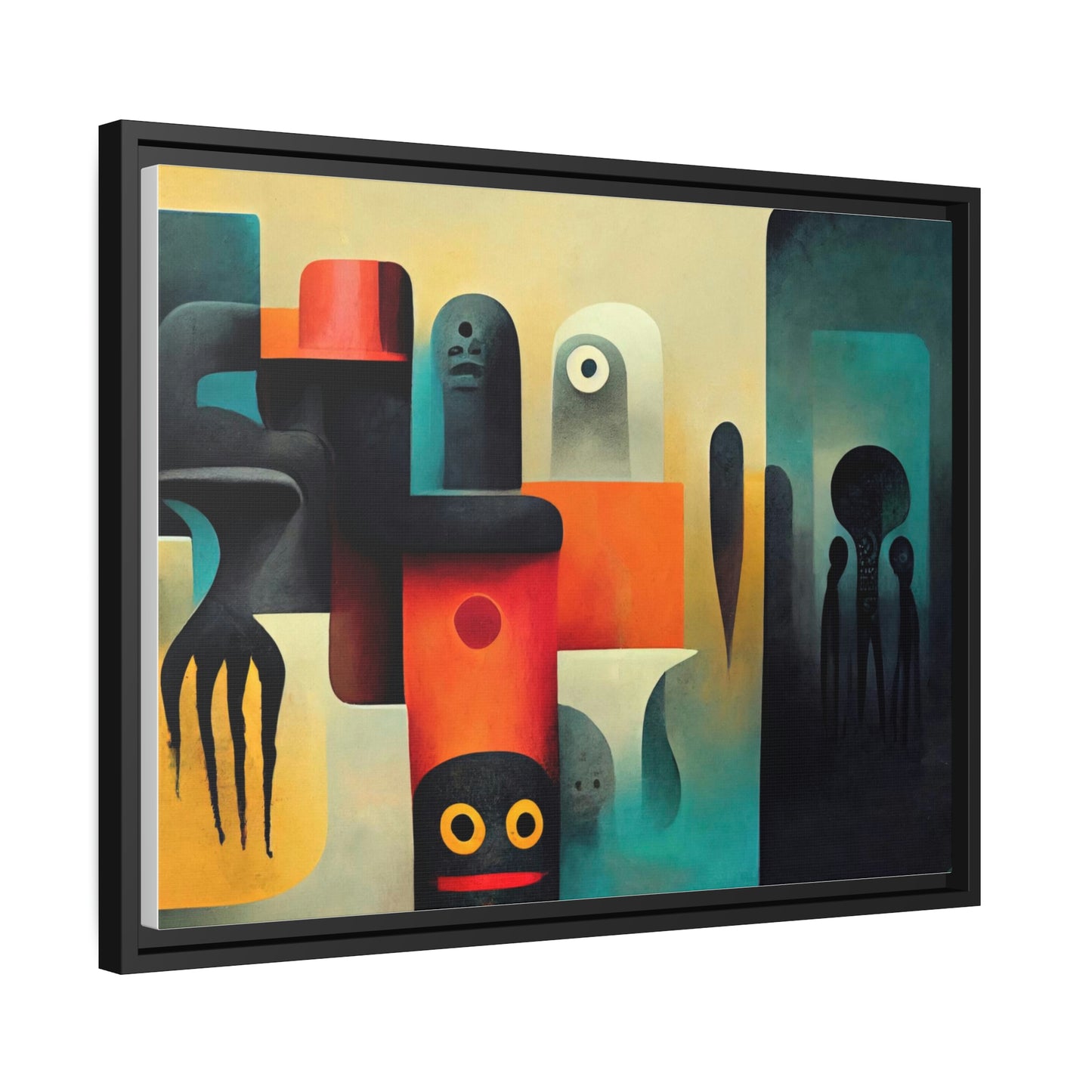 Framed canvas wall art of surreal abstract painting in the style of primitive abstraction ethnic motives of african tribes