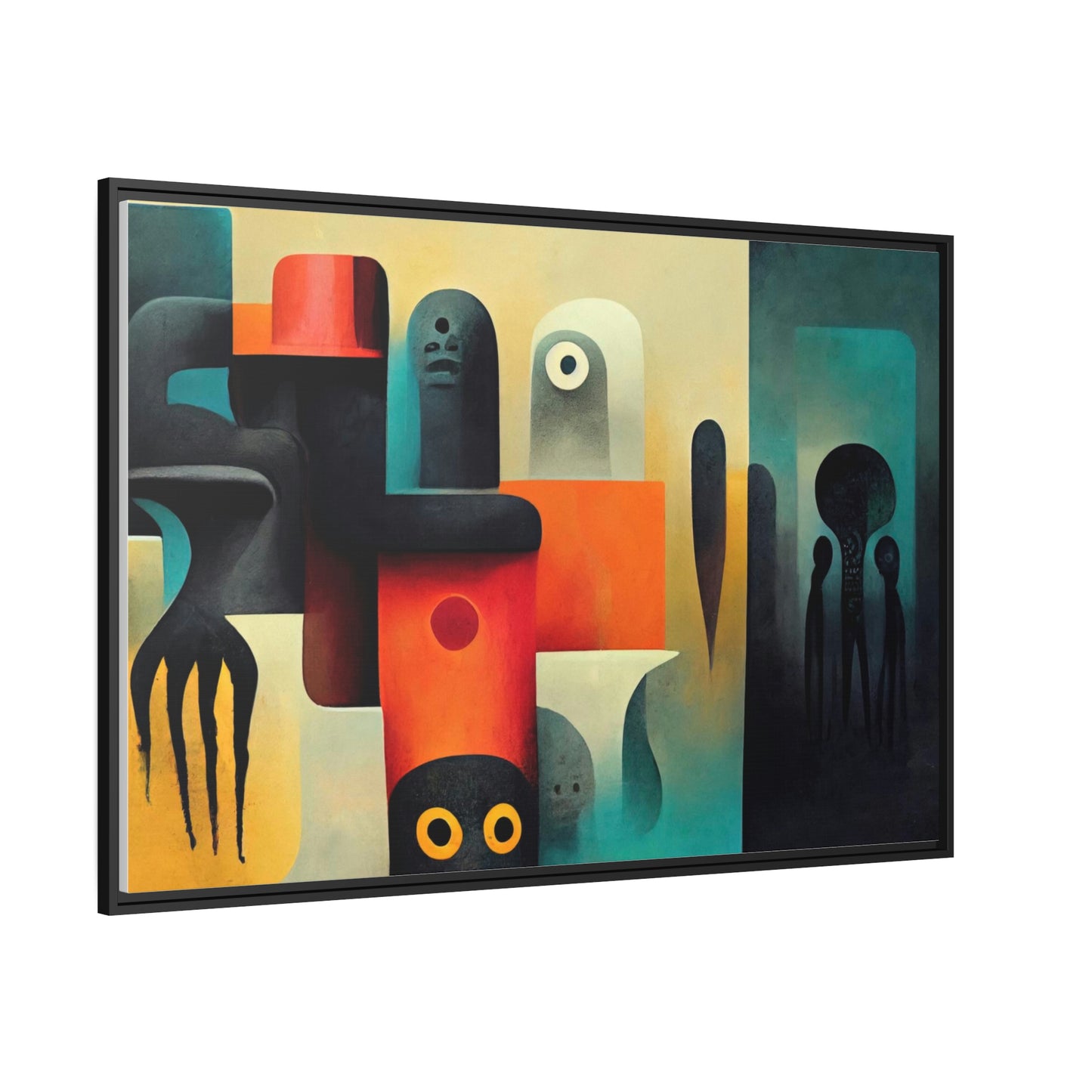 Framed canvas wall art of surreal abstract painting in the style of primitive abstraction ethnic motives of african tribes