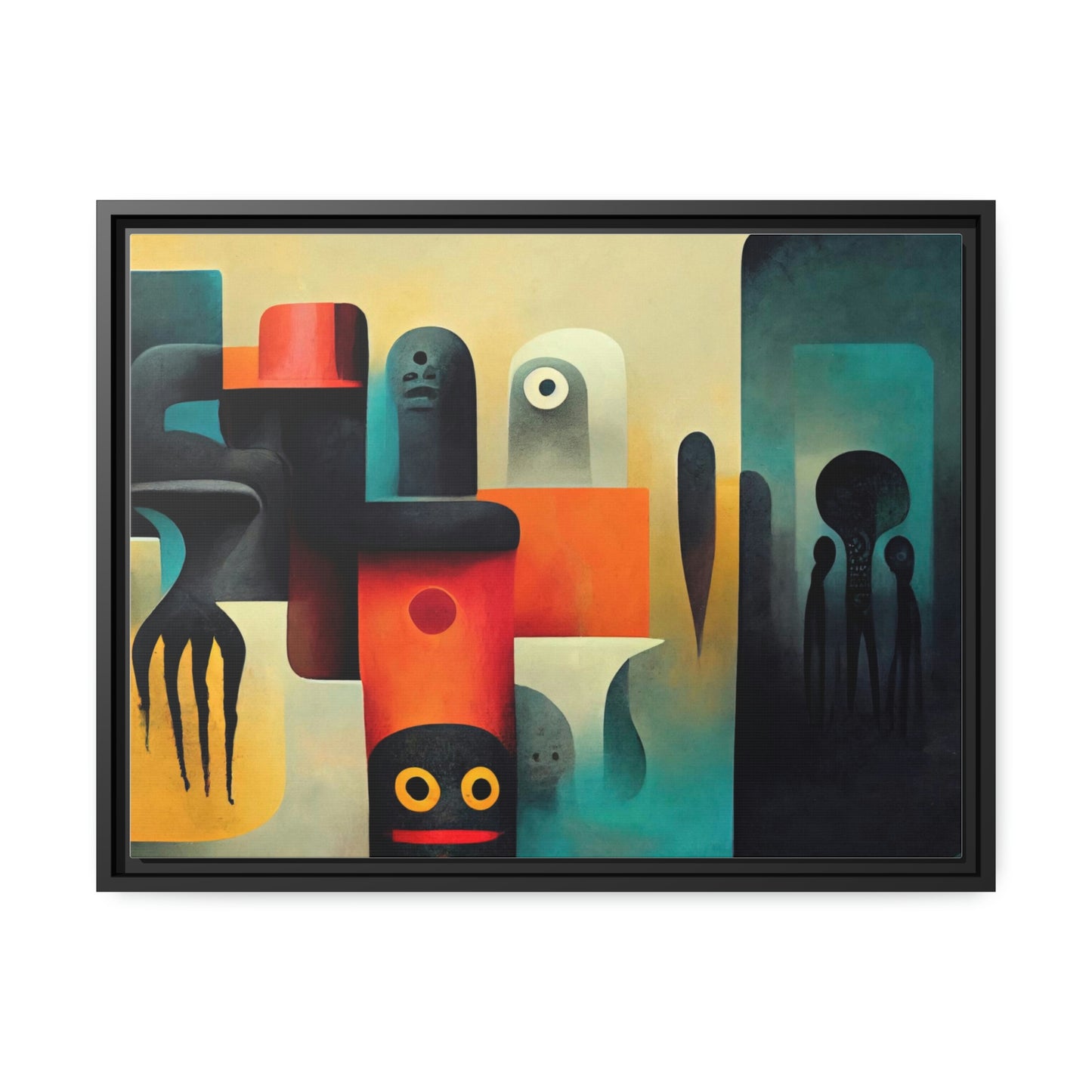 Framed canvas wall art of surreal abstract painting in the style of primitive abstraction ethnic motives of african tribes