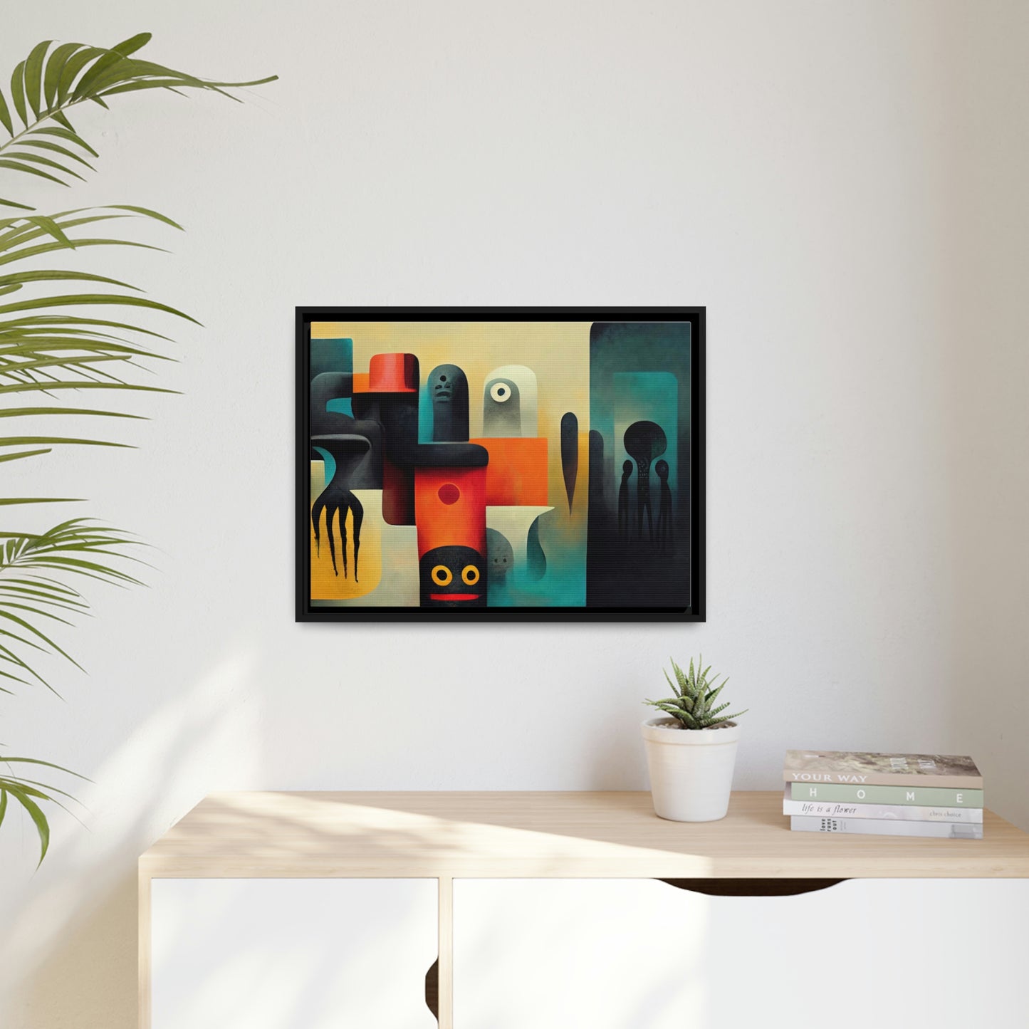 Framed canvas wall art of surreal abstract painting in the style of primitive abstraction ethnic motives of african tribes