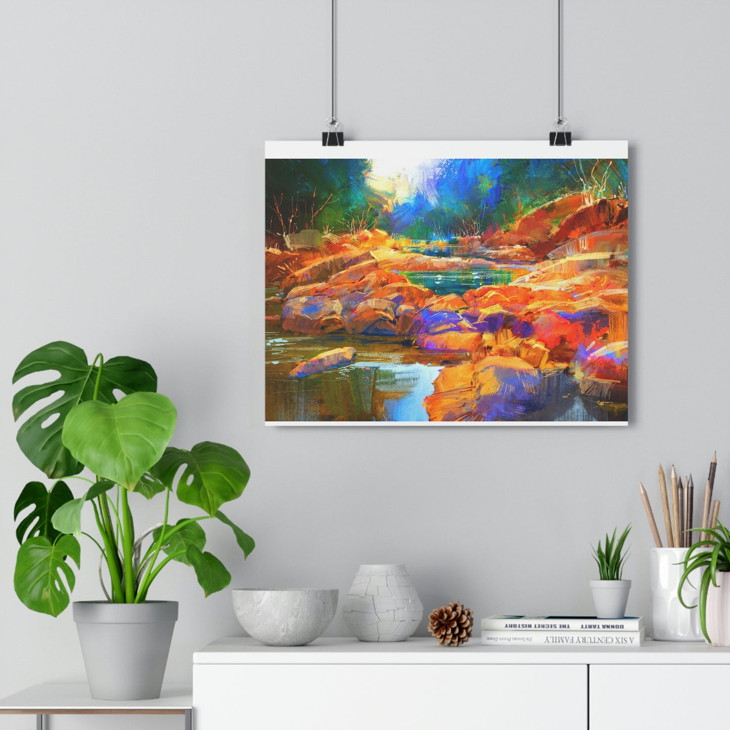 Beautiful fall river lines with colorful stones in autumn forest - Giclée Art Print