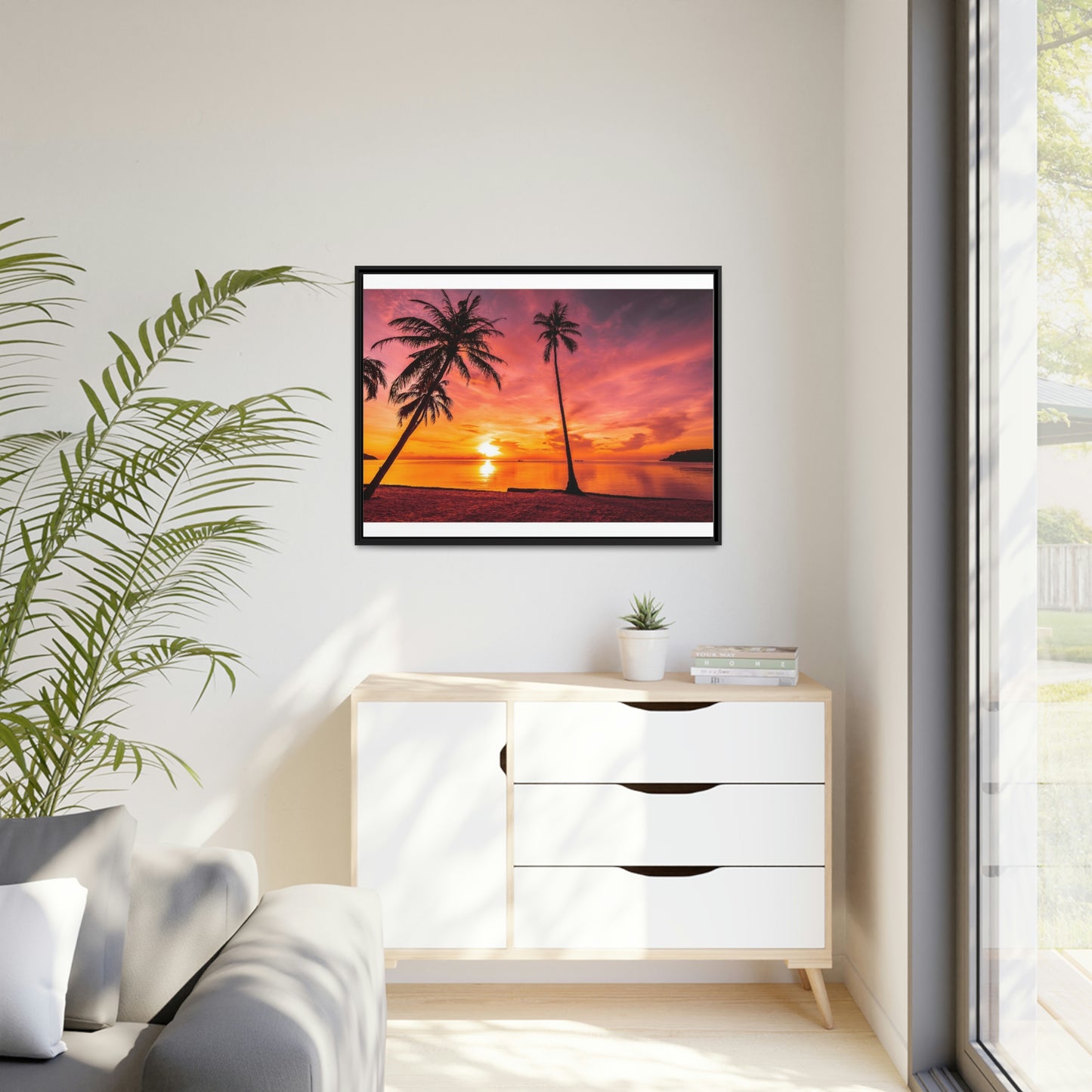 Tropical Serenity: Sunset Time Canvas Wall Art with Coconut Palm-Tree in Black Frame