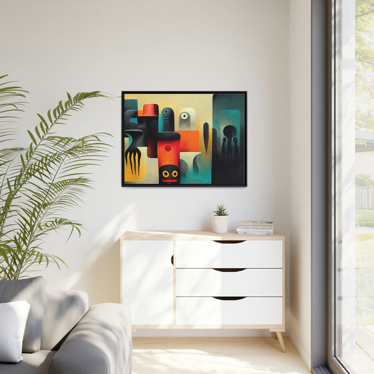 Framed canvas wall art of surreal abstract painting in the style of primitive abstraction ethnic motives of african tribes