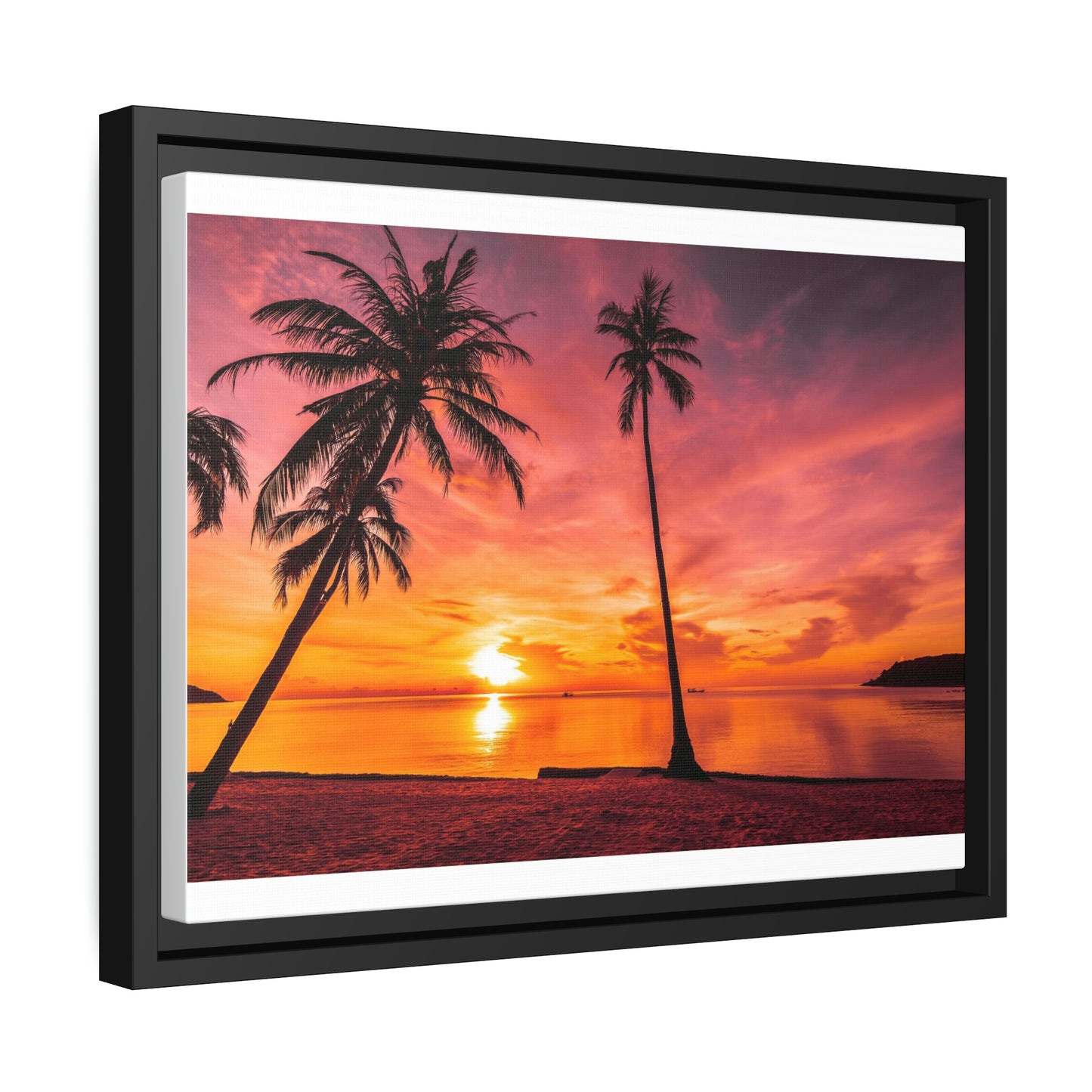 Tropical Serenity: Sunset Time Canvas Wall Art with Coconut Palm-Tree in Black Frame