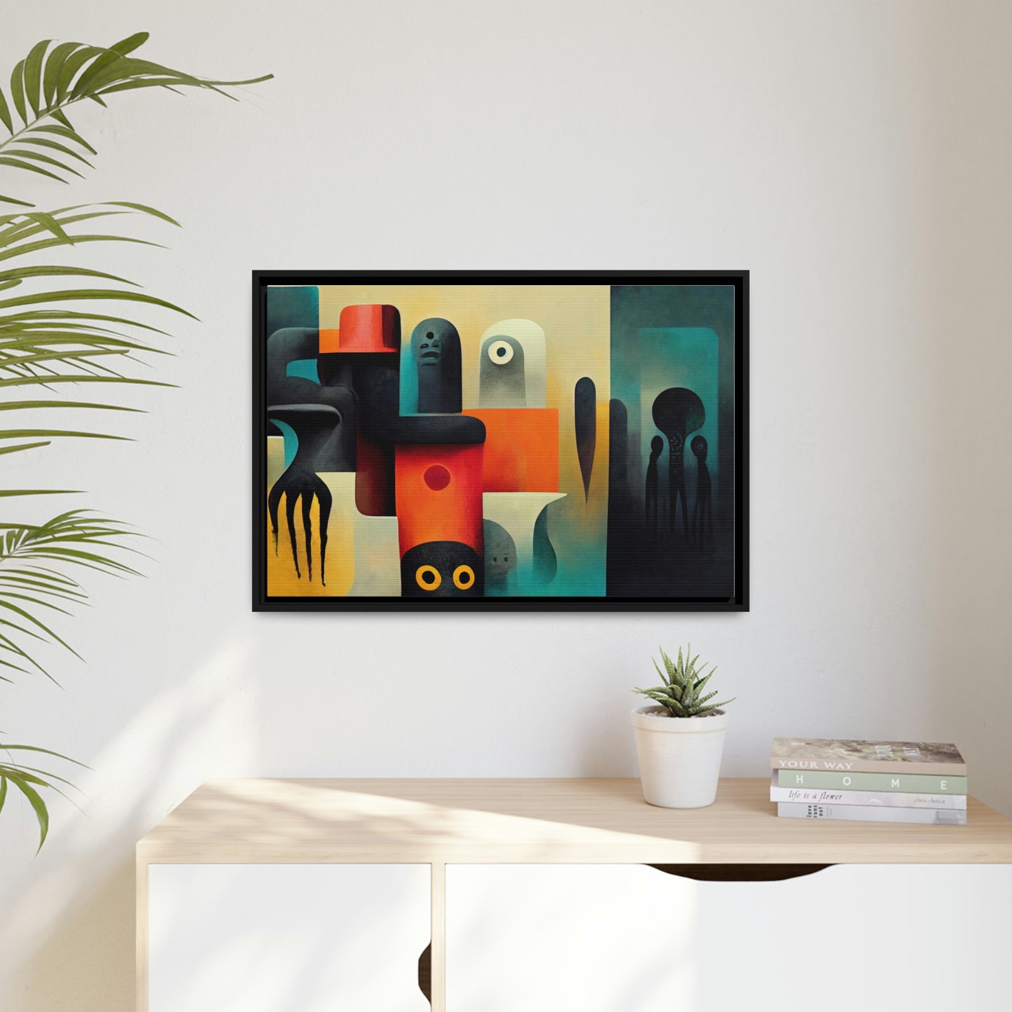 Framed canvas wall art of surreal abstract painting in the style of primitive abstraction ethnic motives of african tribes