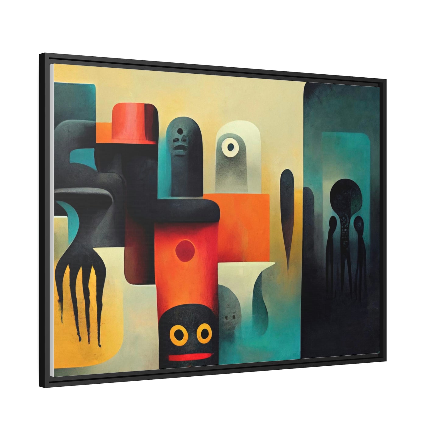 Framed canvas wall art of surreal abstract painting in the style of primitive abstraction ethnic motives of african tribes