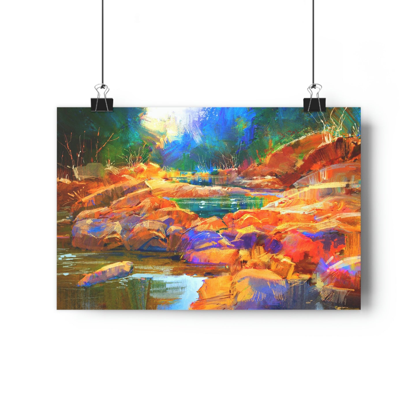 Beautiful fall river lines with colorful stones in autumn forest - Giclée Art Print