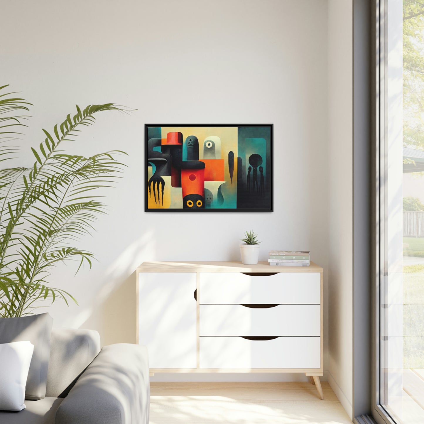 Framed canvas wall art of surreal abstract painting in the style of primitive abstraction ethnic motives of african tribes