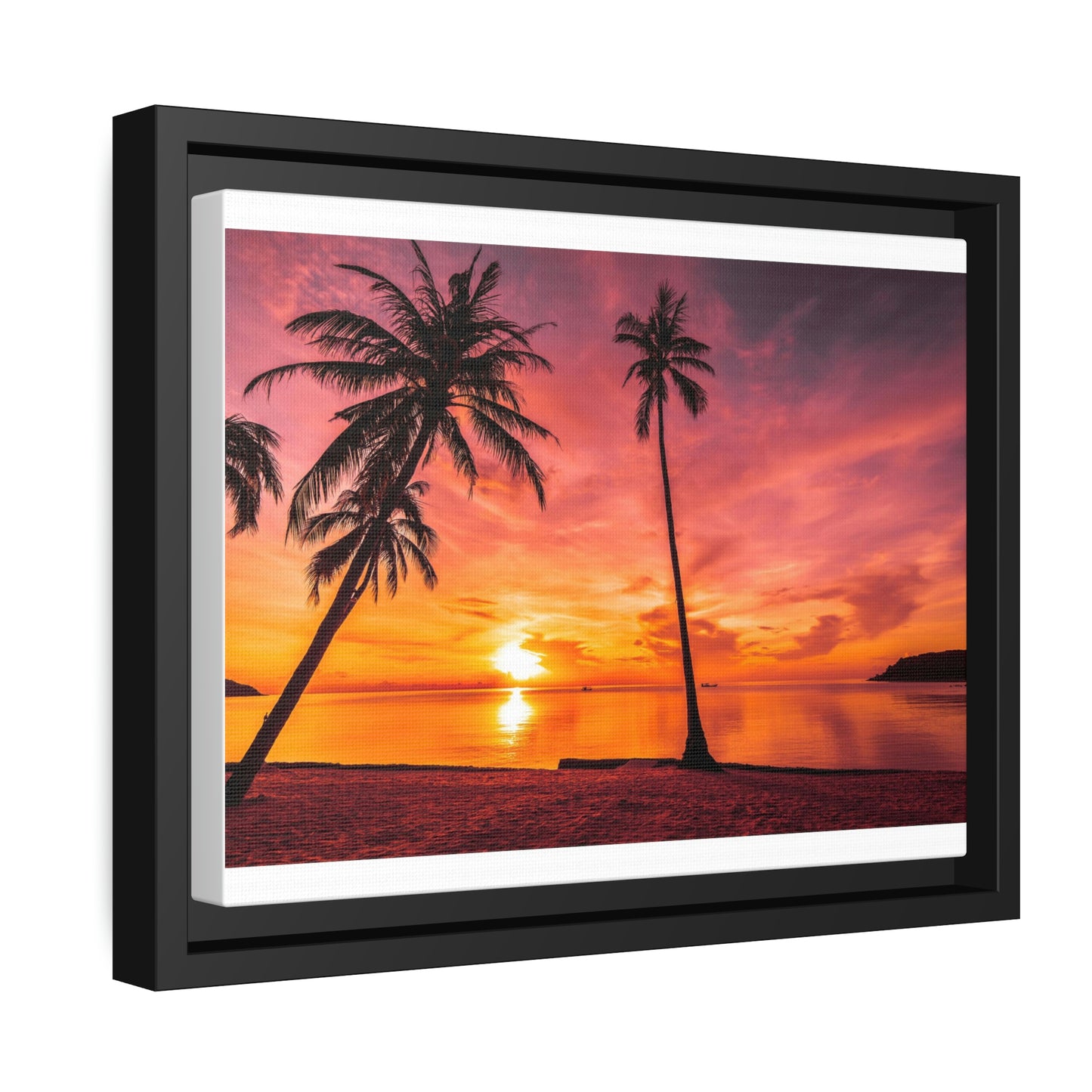 Tropical Serenity: Sunset Time Canvas Wall Art with Coconut Palm-Tree in Black Frame