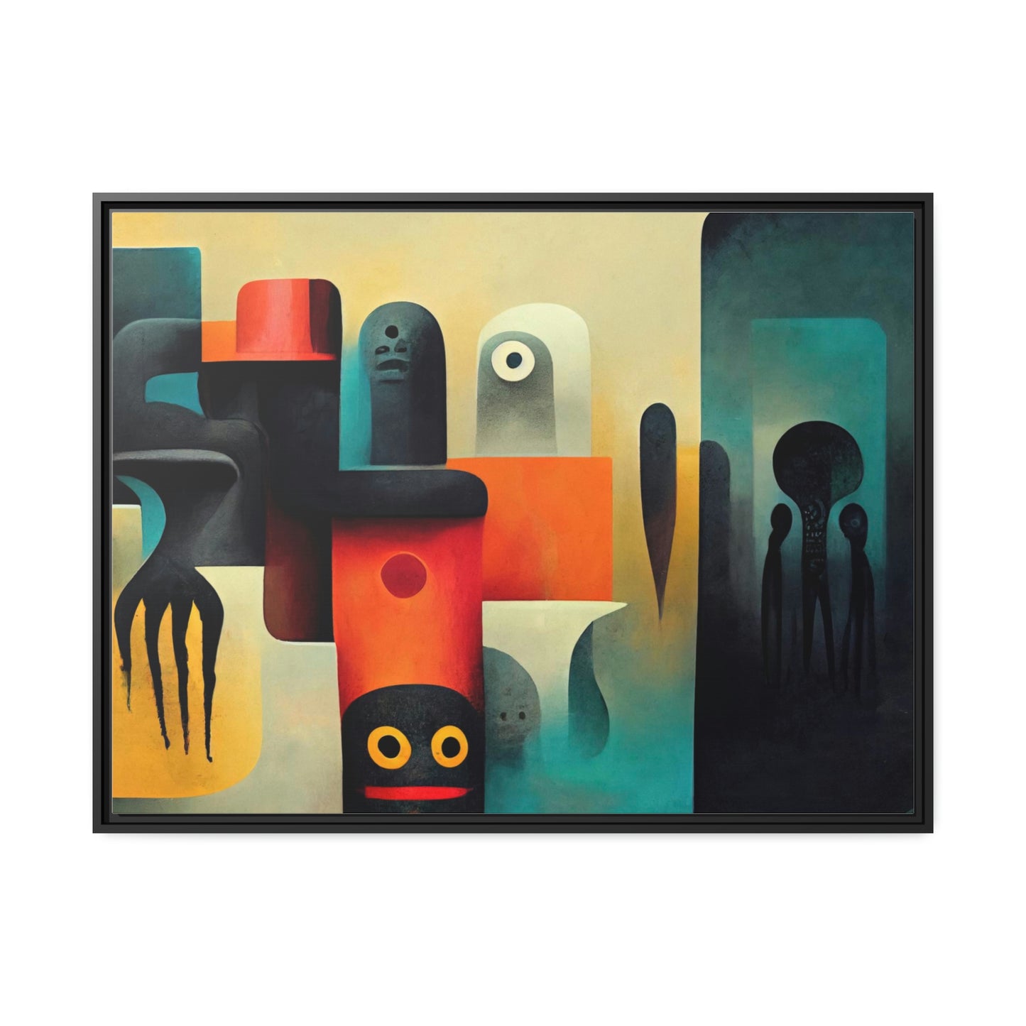 Framed canvas wall art of surreal abstract painting in the style of primitive abstraction ethnic motives of african tribes