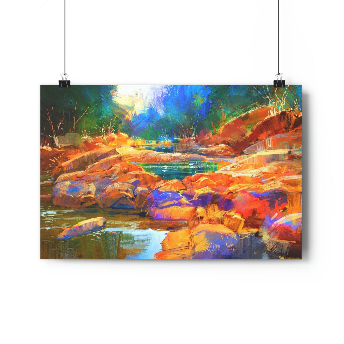 Beautiful fall river lines with colorful stones in autumn forest - Giclée Art Print