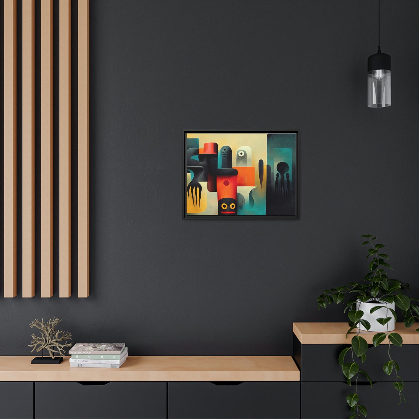 Framed canvas wall art of surreal abstract painting in the style of primitive abstraction ethnic motives of african tribes