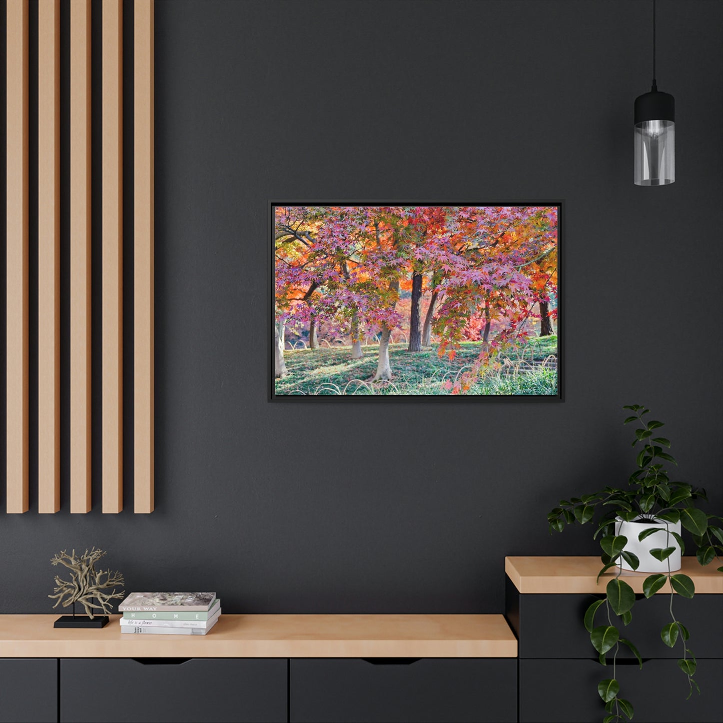 Sun-kissed Foliage" - Vibrant Framed Canvas Wall Art of Colourful Leaves on Trees in Sunlight