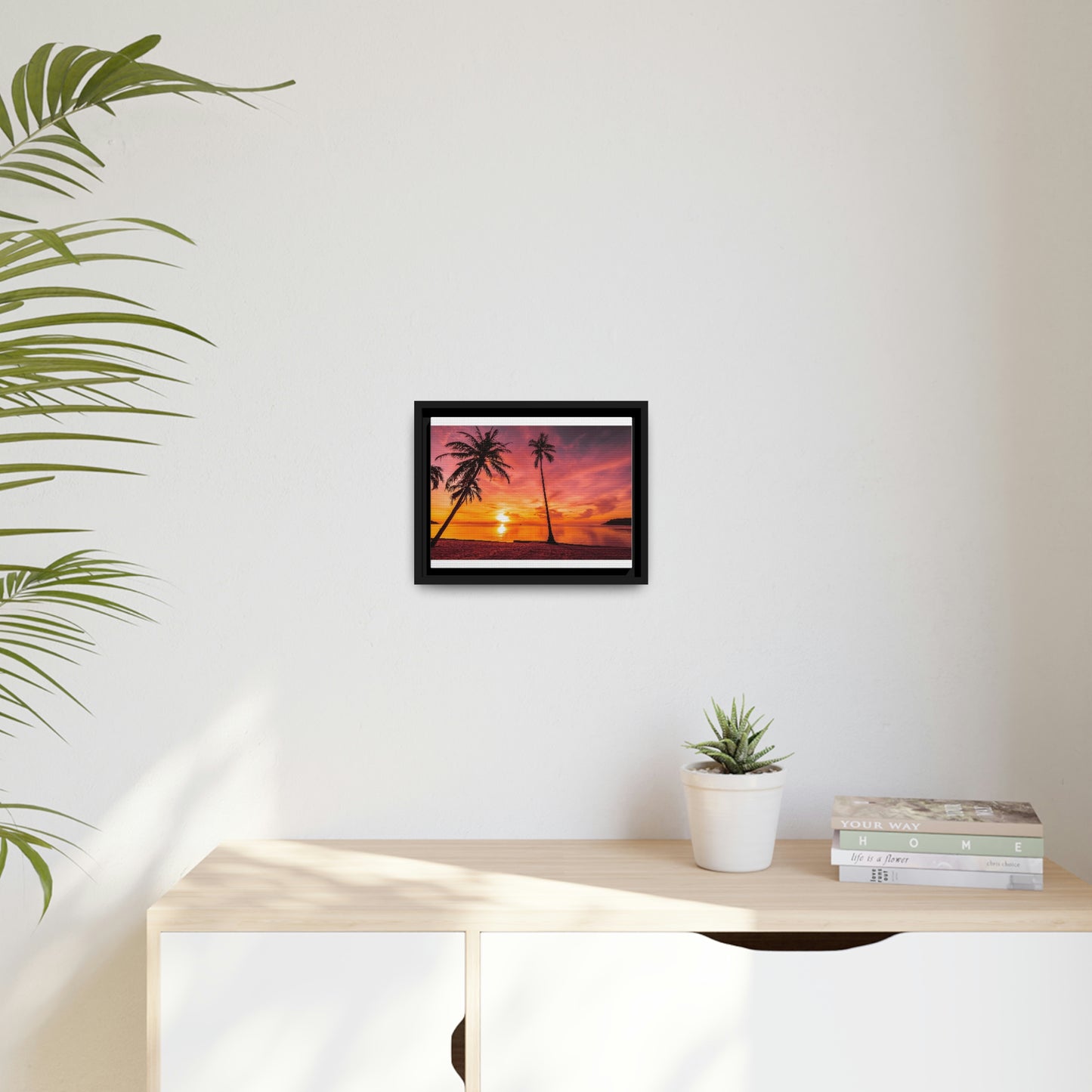 Tropical Serenity: Sunset Time Canvas Wall Art with Coconut Palm-Tree in Black Frame