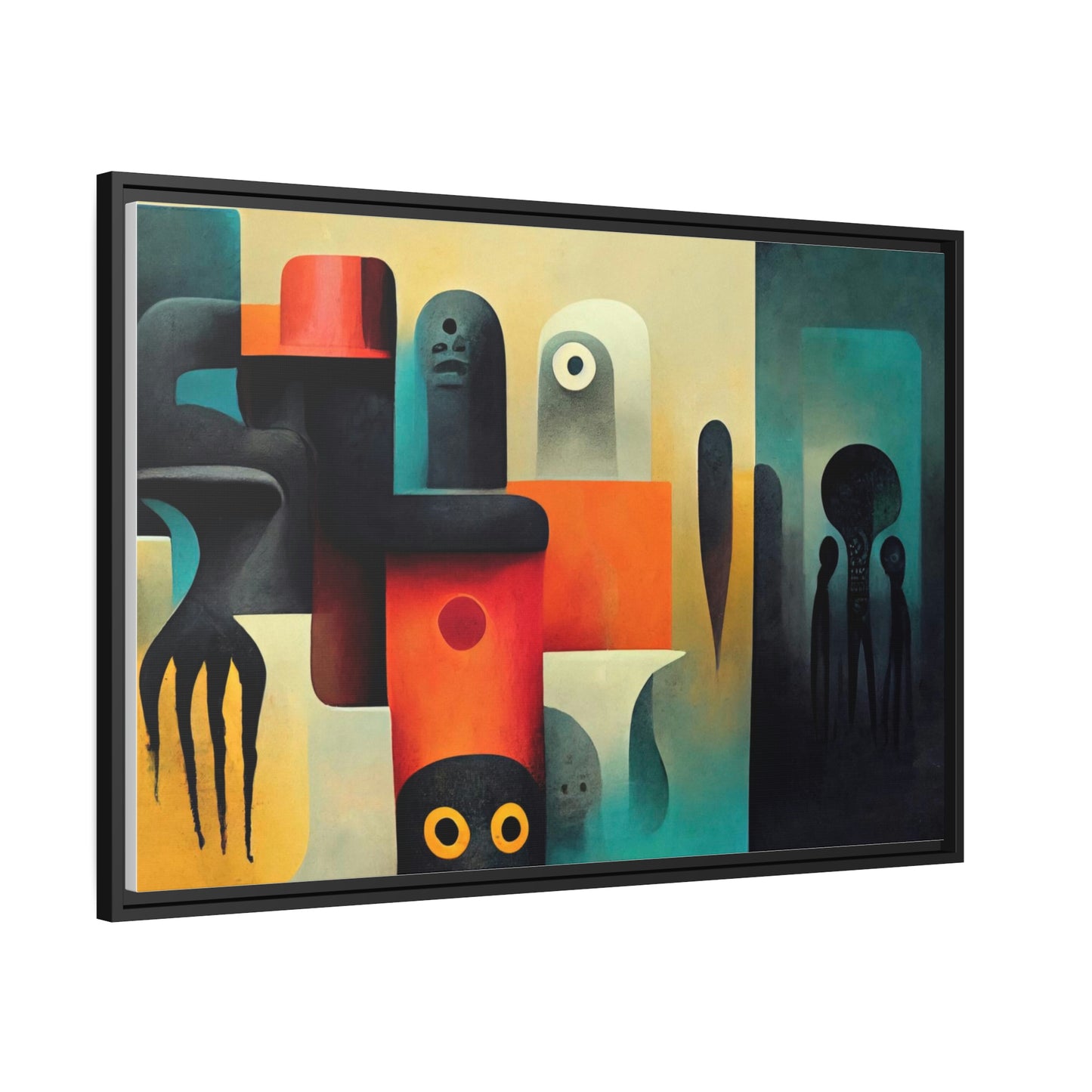 Framed canvas wall art of surreal abstract painting in the style of primitive abstraction ethnic motives of african tribes